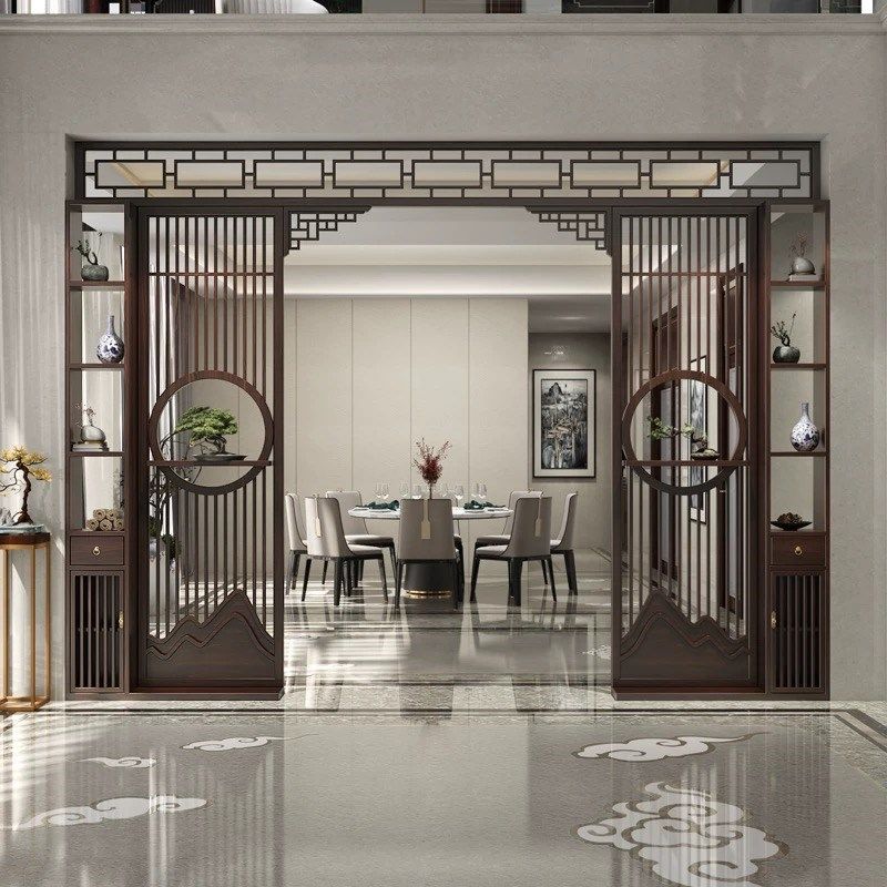 东阳木雕新中式隔断月洞门客厅仿古实木花格圆形拱门月亮门博古架