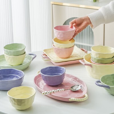 双耳陶瓷盘子家用菜盘圆盘深盘多巴胺餐盘鱼盘釉下彩餐具碗碟套装