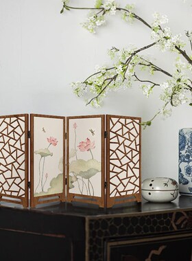 新中式桌面小屏风摆件荷叶高级感边柜斗柜摆台画电视柜装饰品送礼