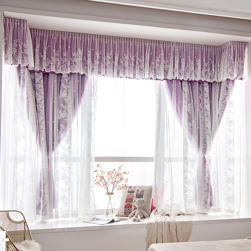 飘窗窗帘2021年新款卧室短款带拐角帘头韩式蕾Q丝纱布一体少女遮