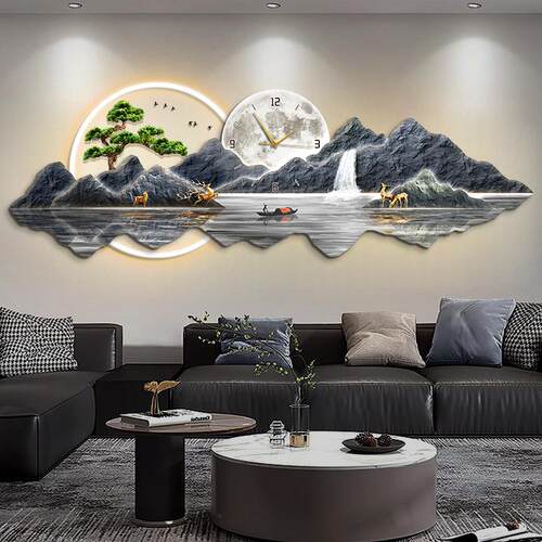 带钟表客厅装饰画现代简约轻奢沙发背景墙L挂画寓意好山水画壁灯