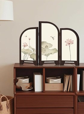 新中式小屏风桌面摆件复古国风荷花装饰画茶室家居玄关柜斗柜摆画