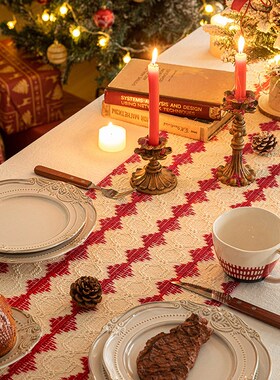 新年桌旗红色装饰结婚婚庆桌布轻奢高H端餐桌盖布新款针织圣诞旗