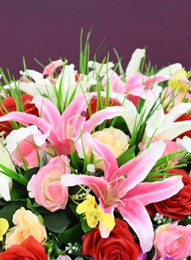 酒店餐桌花大圆桌中间装饰花w转盘摆花圆形假花绿色草坪台花仿真