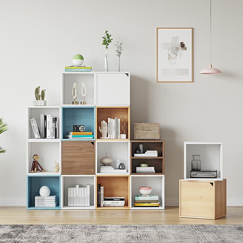 简约书柜书架带门自由组合格子柜置物柜简易靠墙储物柜多层收纳柜