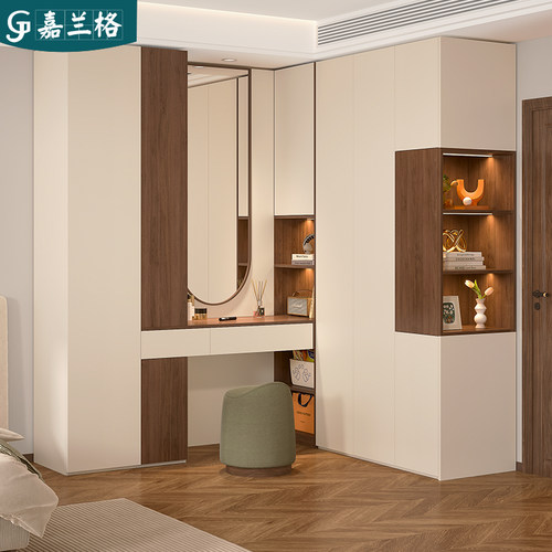 奶油中古风转角衣柜梳妆台一体y组合家用卧室L拐角衣柜连书桌9A49