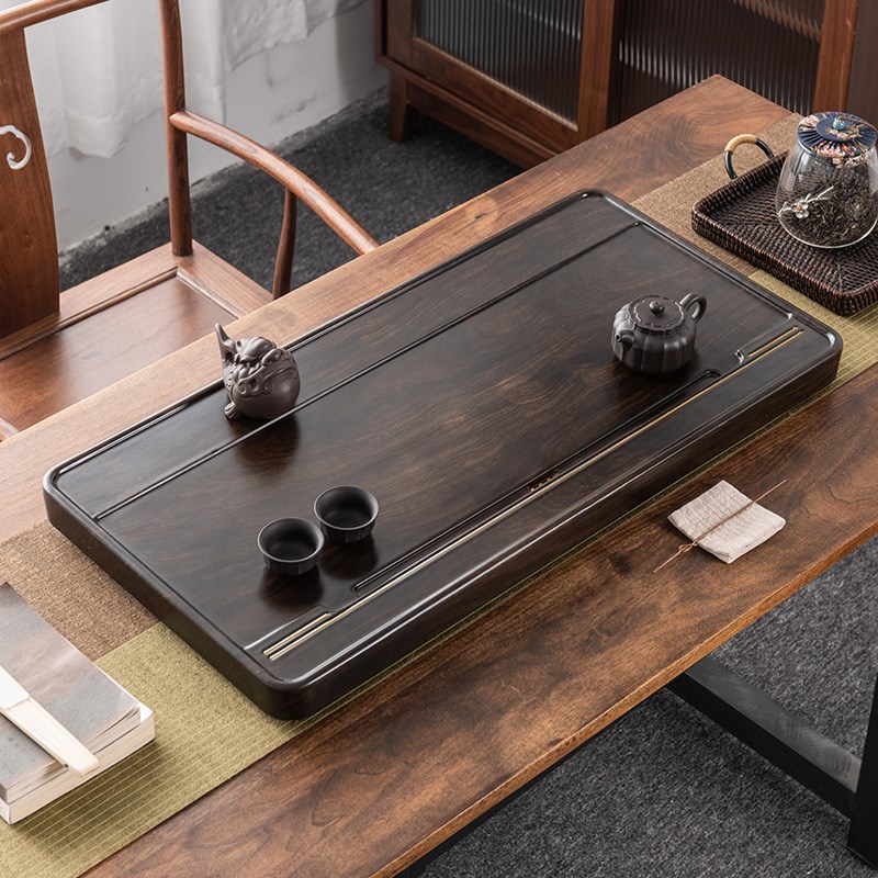 整块黑檀木茶盘实木简约家用茶台原木茶海长方形大号排水茶具托盘
