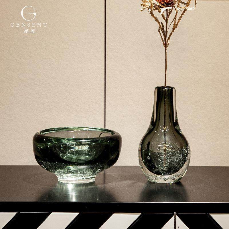 晶淳灰色加厚水晶底气泡桌面装饰玻璃小花瓶烟灰缸果碗家居摆件