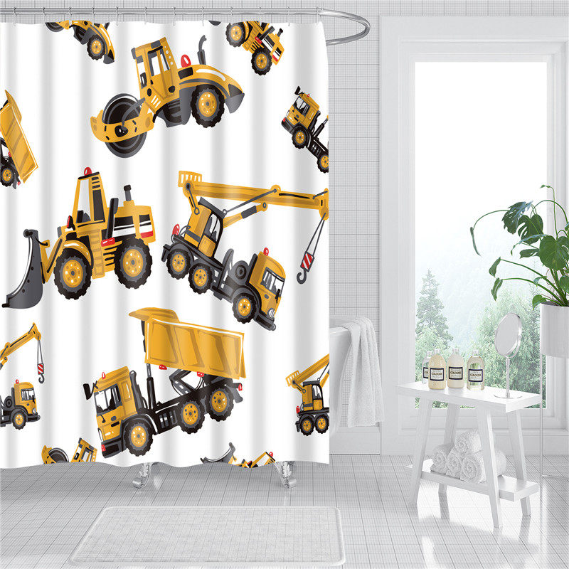 浴室浴帘卡通挖掘机儿童洗澡防水隔断帘涤纶工程车迷宫汽车淋浴帘
