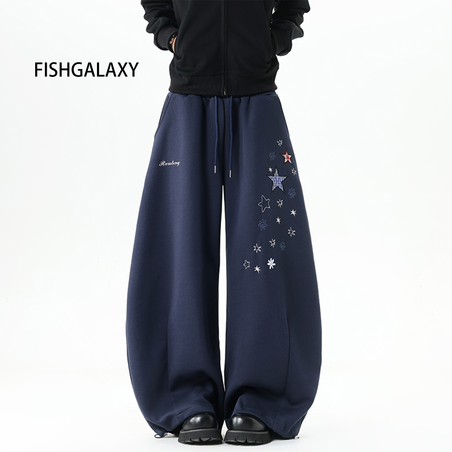 FISHGALAXY星星刺绣弯刀卫裤重磅宽松运动阔腿裤复古百搭抽绳长裤