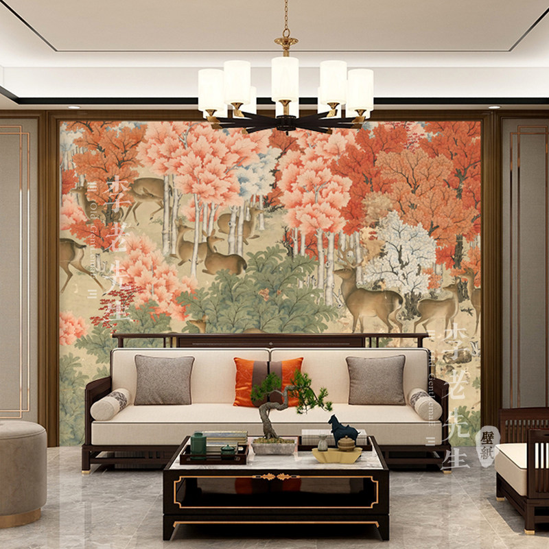 丹枫呦鹿图新中式清新壁纸摄影拍照汉服墙布影楼壁画沙发背景墙,家装主材,定制壁画,淘宝优惠券,粉丝福利购,淘宝优惠卷