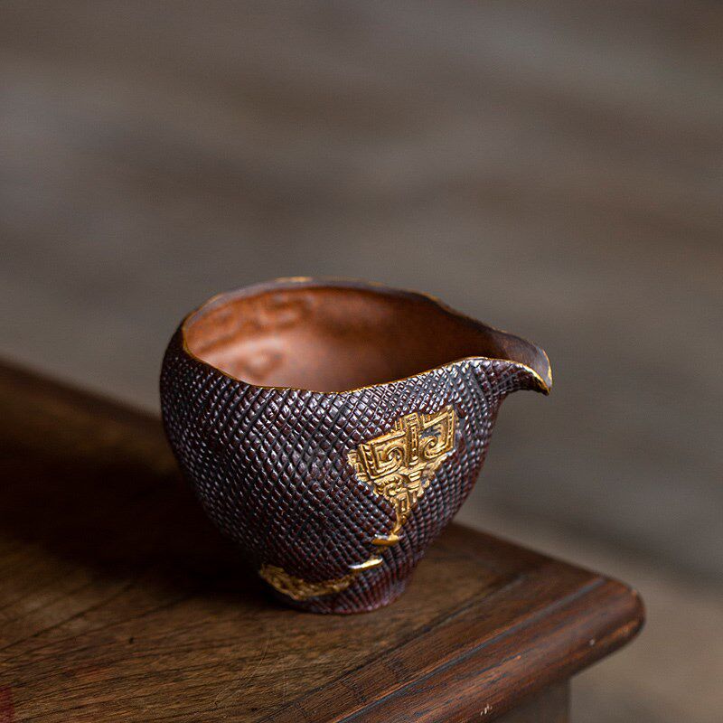 仿古手工老岩泥描金公道杯 中式复古浮雕茶海 功夫陶瓷茶具匀茶杯