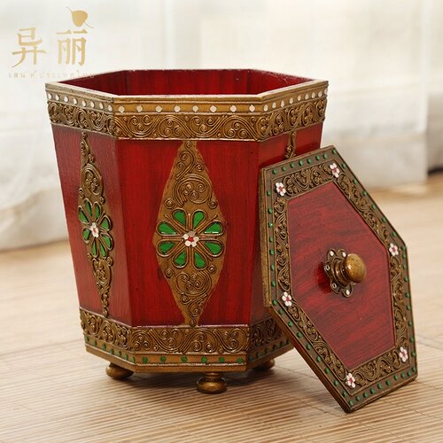 异丽东南亚家用客厅垃圾桶带盖木质大号垃圾筒卧室W厨房餐厅纸篓