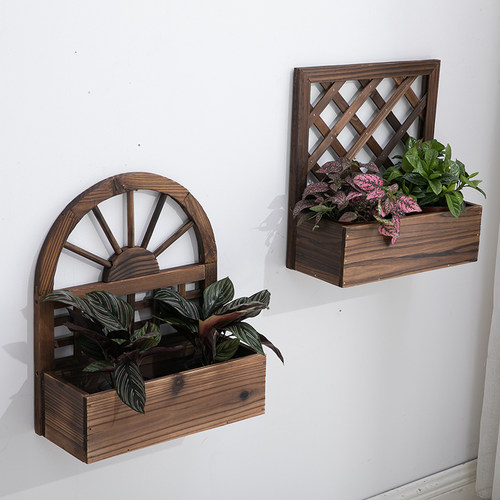 碳化防腐壁挂实木花盆墙壁装饰花篮阳台挂壁绿植种植箱造园小品