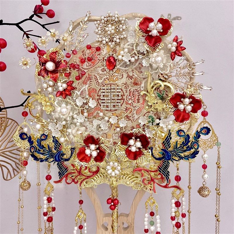 团扇diy材料包新娘喜扇结婚礼物手工出嫁接亲重工秀禾服中式婚扇