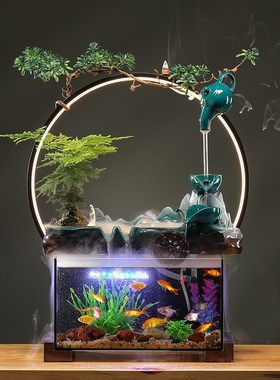 流水摆件办公室桌面鱼缸客厅景观水循环生财鱼缸开业礼物自带过滤