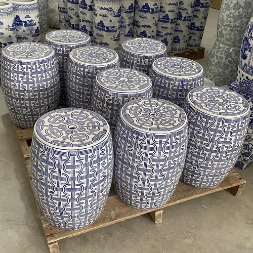 新中式青花瓷几何图案软装配饰别墅坐墩陶瓷鼓凳陶瓷凳花架梳妆凳