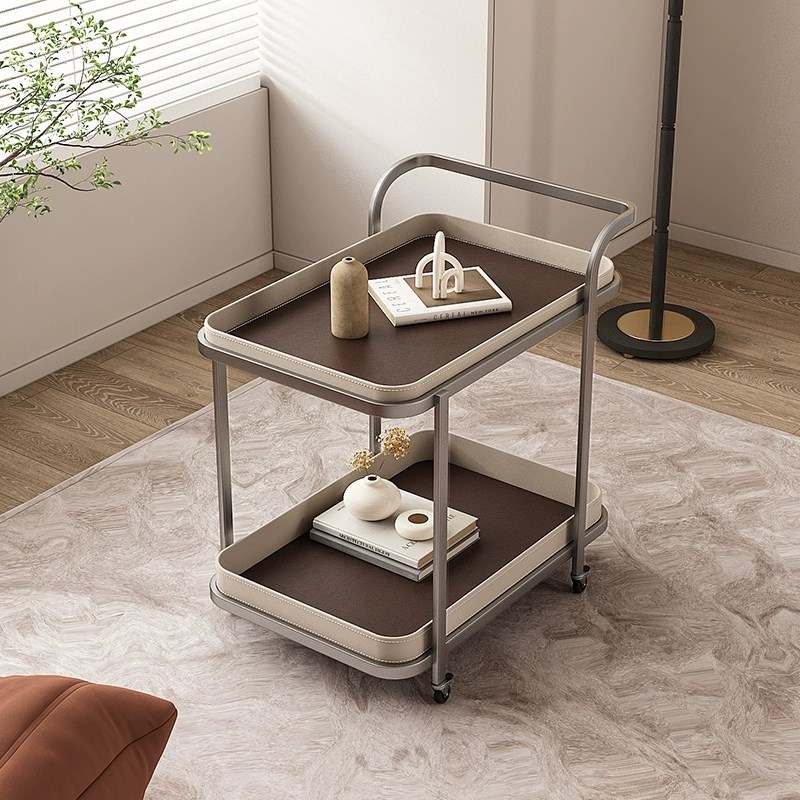 轻奢马鞍皮移动沙发边几小推车茶几客厅钛家用角几床头Z柜带轮餐