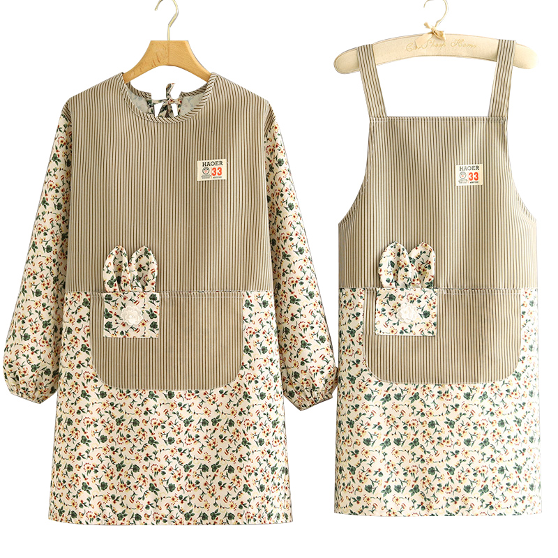 新款长袖帆布围裙女家o用厨房防污透气做饭韩版罩衣工作服大人耐