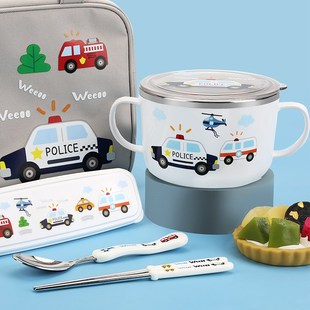 304不锈钢双耳汤碗小学生吃饭儿童碗家用带盖密封带把手大号饭碗