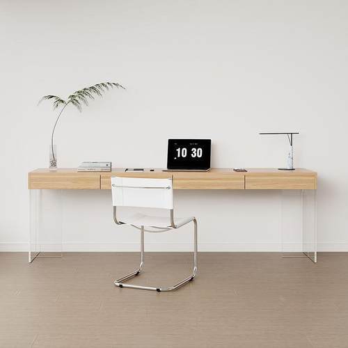 现代简约悬浮亚克力透明实木家用书桌办公电脑桌家用带抽屉长条桌