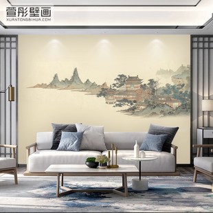 新中式酒店客厅背景墙布饭店包厢墙面装饰墙纸楼阁壁画茶室壁纸布