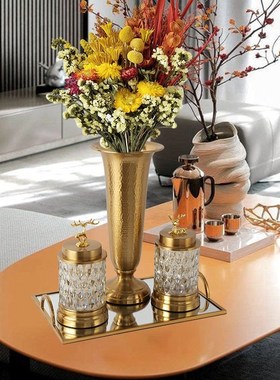欧式轻奢客厅家居金色合金花瓶糖果罐托盘摆件电镀拉丝金属装饰品