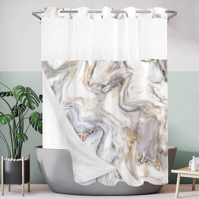 hookless90克涤纶数码印花大理石浴帘防水双层印花浴室帘带内帘