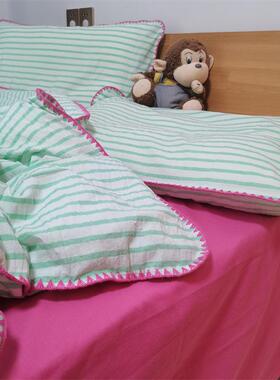 清爽夏日西瓜色水洗棉三角针绿色条纹四件套1.5m1.8公寓被套三件