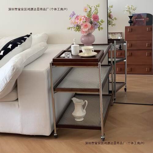 用边客厅置物架小推车复古玻璃茶几床头中古实木沙发桌几家可包邮