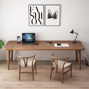 全实木书桌家用卧室靠墙双人电脑桌靠墙松木长条写字台带抽屉