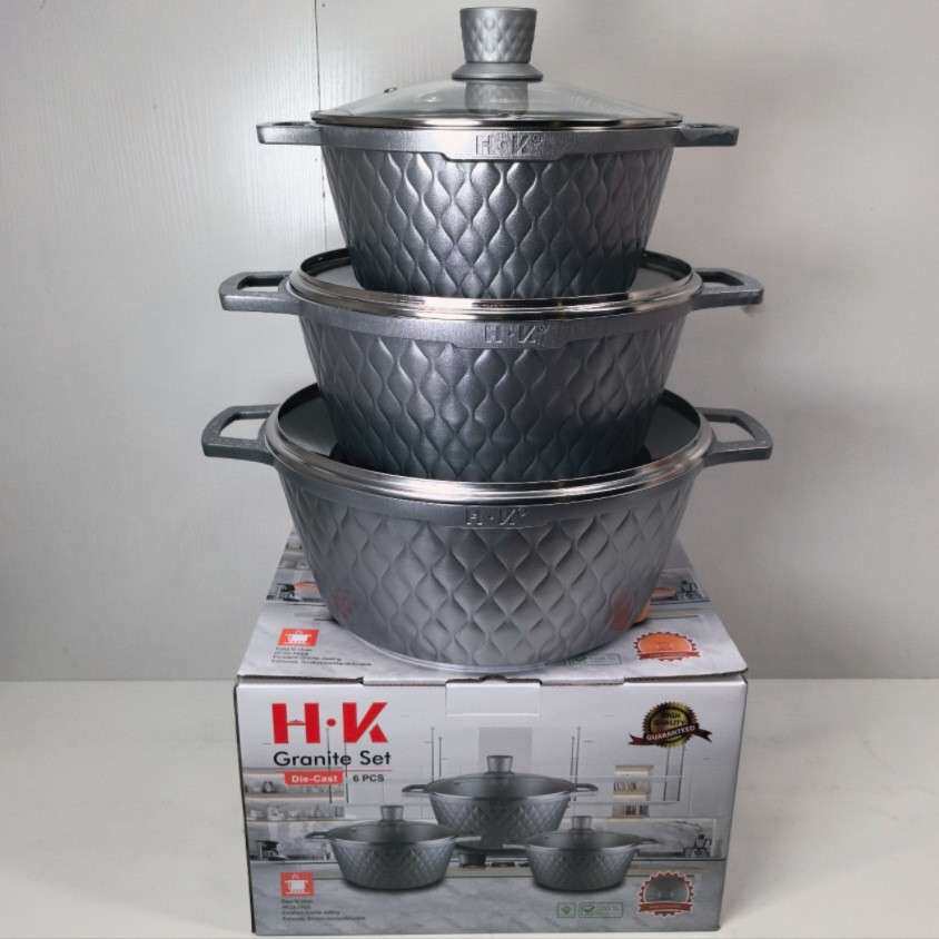 HK网纹6件套件套不粘锅大理石汤套锅麦饭石锅压铸锅套装