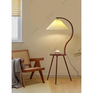 木视界复古实木落地灯边几百褶卧室置物客厅茶几床头桌灯一体台灯