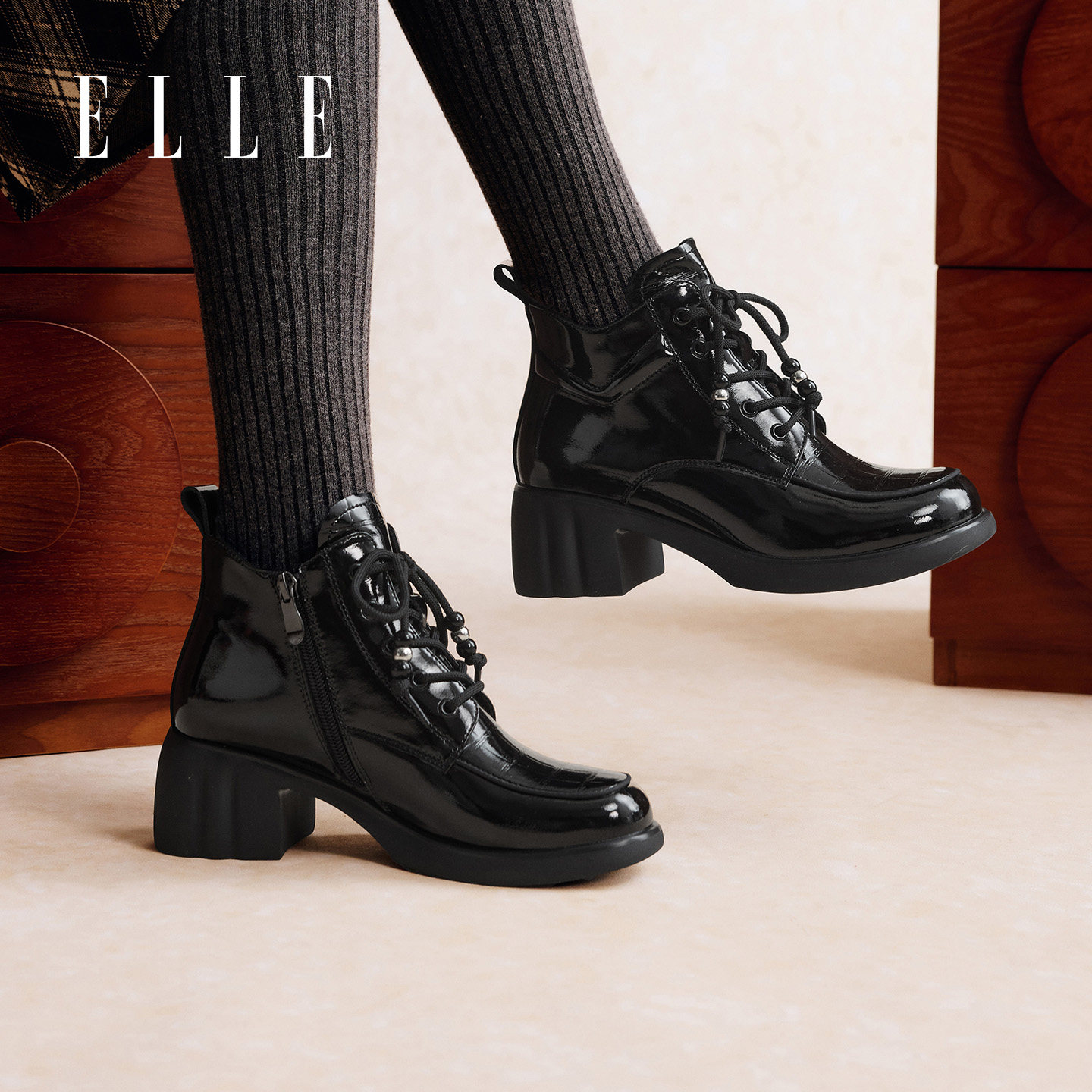 ELLE厚底马丁靴女款2025新款冬季粗跟漆皮短靴小个子增高黑色靴子