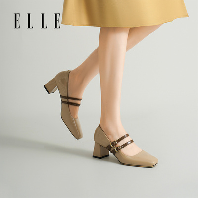 ELLE法式玛丽珍女鞋夏季新款中跟单鞋女真皮绝美高跟鞋成人礼