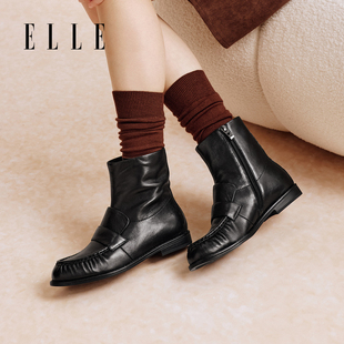 ELLE黑色复古短靴女设计感小众2025新款冬季英伦风马丁靴瘦瘦靴子