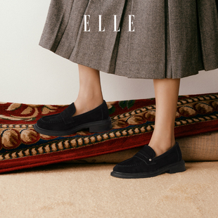 ELLE超软羊皮乐福鞋女款2025新款通勤秋冬女鞋灰色单鞋厚底小皮鞋