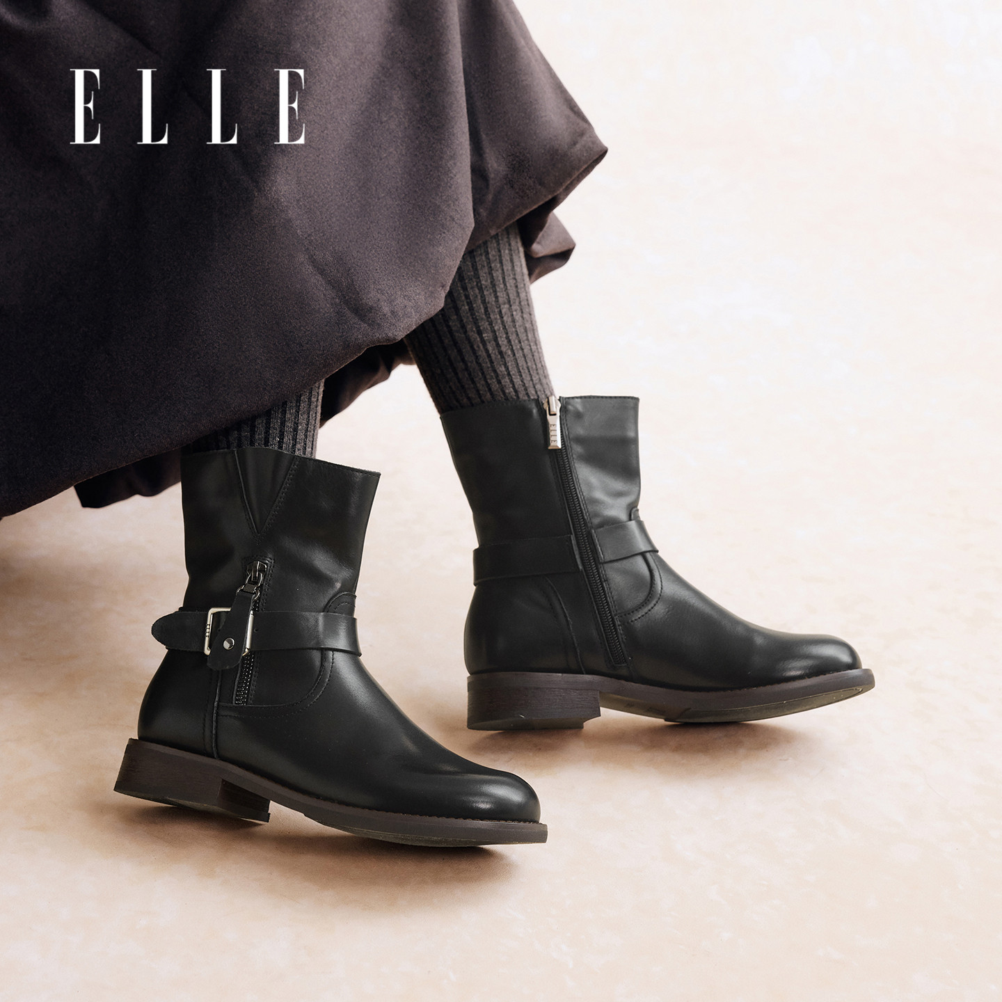 ELLE牛皮版~真皮黑色马丁靴女粗跟圆头中筒靴皮带扣复古西部靴子
