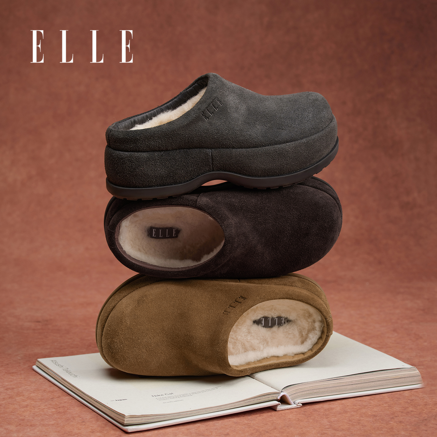 ELLE勃肯鞋半拖2025新款冬季厚底增高拖鞋加绒包头拖一脚蹬雪地靴