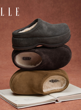ELLE勃肯鞋半拖2025新款冬季厚底增高拖鞋加绒包头拖一脚蹬雪地靴