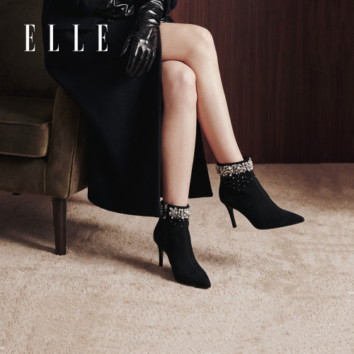 ELLE黑色尖头短靴女款2026新款秋季细跟水钻瘦瘦靴高跟靴羊皮踝靴