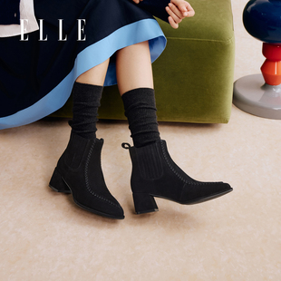 ELLE绒面真皮短靴女款2025新款冬季粗跟尖头切尔西靴棕色靴子女靴