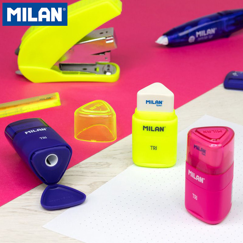 西班牙MILAN创意便携卷笔刀小学生用多功能削笔器彩色文具用品橡皮檫保护套削笔刀二合一三角形ABS材质铅笔刀