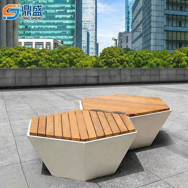 美陈玻璃钢休闲座椅个性六边形木质坐凳户外园林商场休息等候椅子