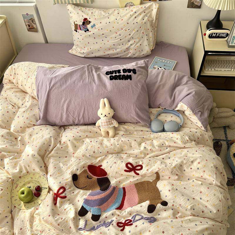 可爱波点狗毛巾绣多巴胺水洗棉床单四件套被单被套学生宿舍三件套