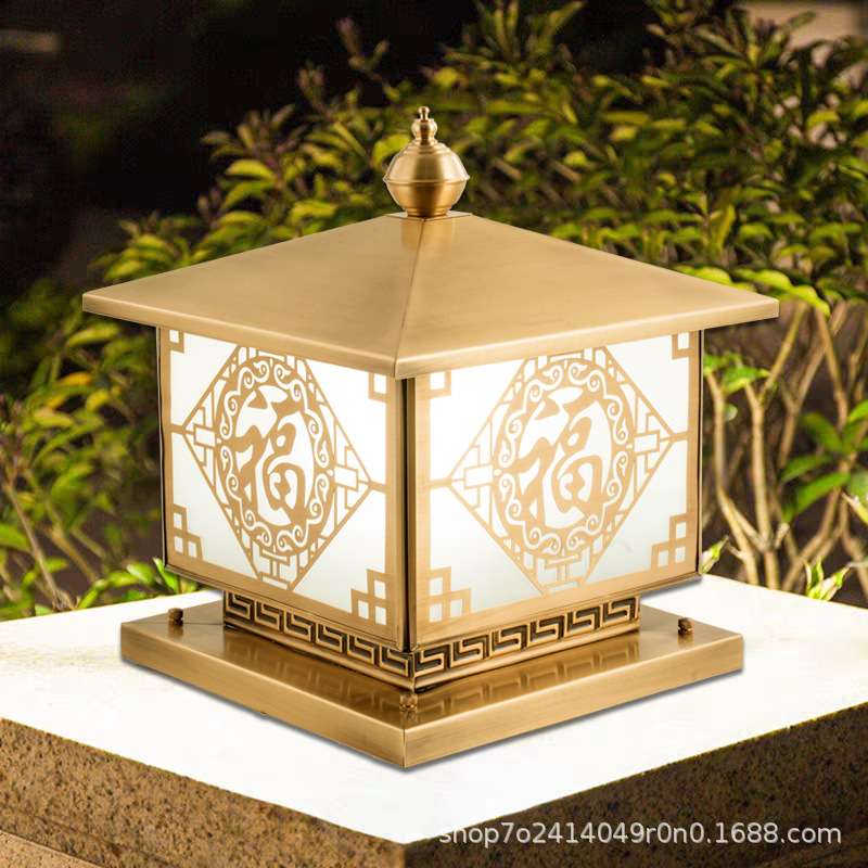 太阳能庭院灯户外防水家用围墙柱头灯中式全铜别墅花园柱子大门灯