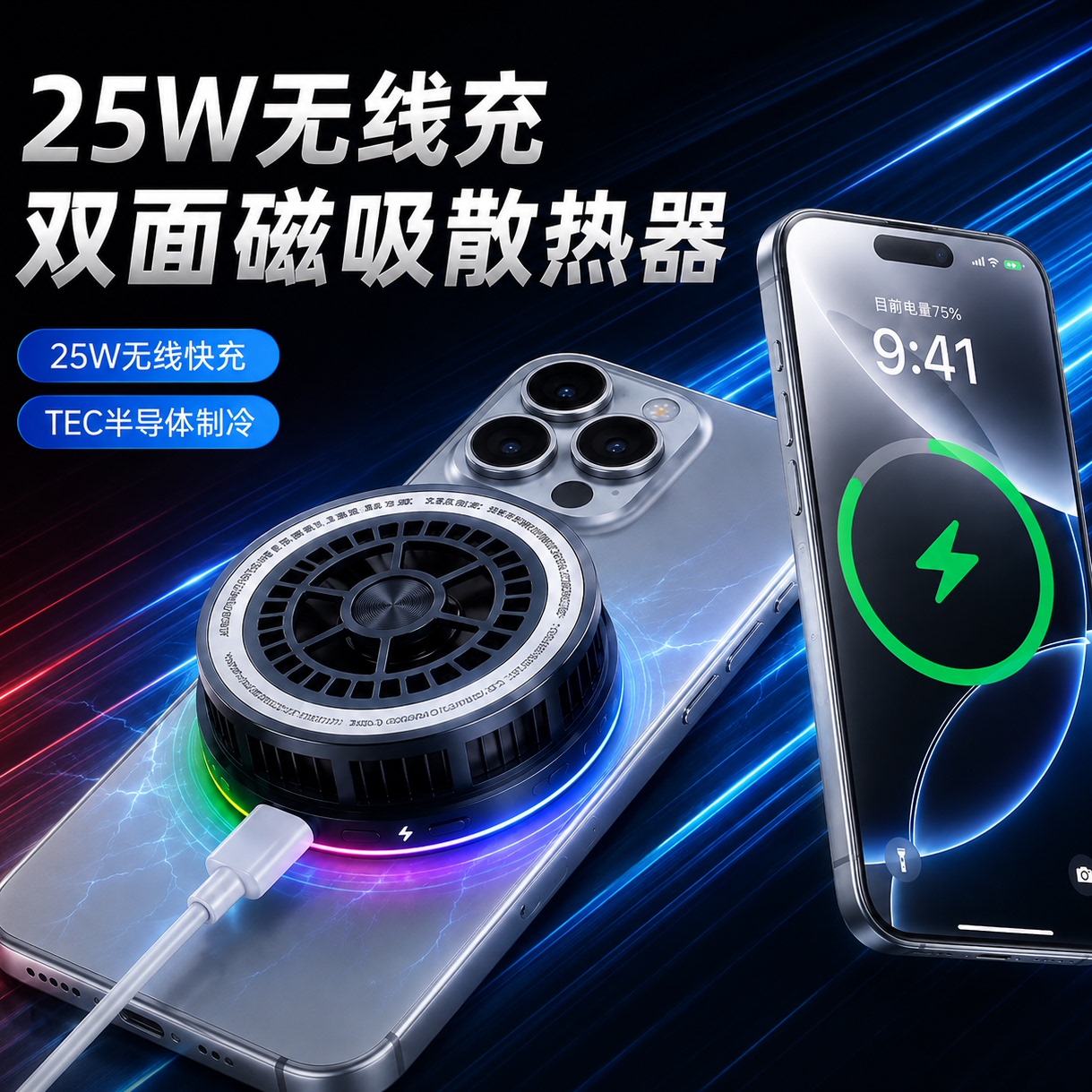 贴影Qi2.2半导体磁吸无线充真25W快充Magsafe双面磁吸桌面车载两用充电器支架游戏直播电竞手机风冷散热降温
