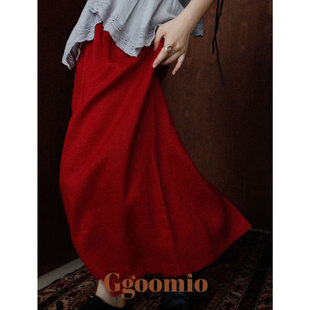 Ggoomio 赤暮勃艮地 复古红色亚麻半身裙女松弛感巨好看a字长裙