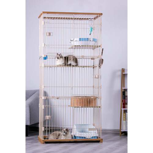 创逸榉木多层室内猫别墅抽拉底盘家用猫笼子可移动实木楼板猫舍