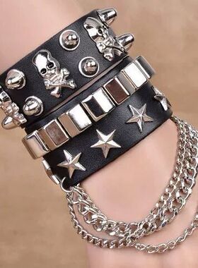 欧美时尚复古街拍朋克铆钉手链星星皮质手环街舞摇滚PU革臂环饰品